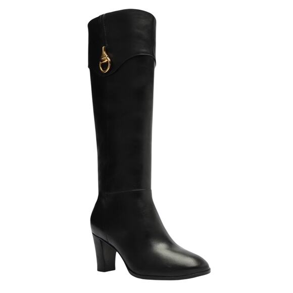 Arezzo Women's Vivian Leather Mid Block Knee High Boots Black Size 5 1/2